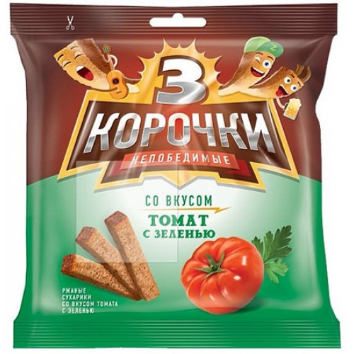 Житні сухарики KDV «3 Корочки» зі смаком томату та зелені, 100г