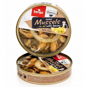 Banga gerookte mosselen in olie met citroen, 120 g Banga gerookte mosselen in olie met citroen, 120 g