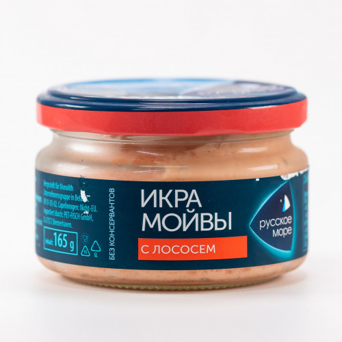 Икра мойвы "Русское Море" с кусочками лосося, 165г Икра мойвы "Русское Море" с кусочками лосося, 165г