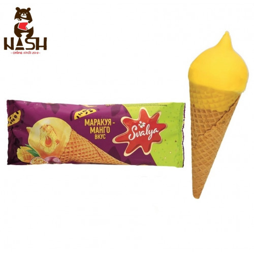 Romig ijs Svalya met passievrucht in mango-glazuur in een wafelhoorntje, 150 ml Romig ijs Svalya met passievrucht in mango-glazuur in een wafelhoorntje, 150 ml
