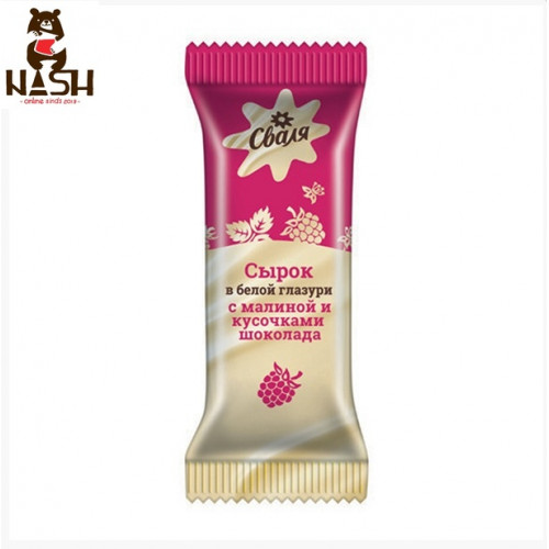Cottage cheese Svalya with raspberry and chocolate pieces in white glaze, 40g Cottage cheese Svalya with raspberry and chocolate pieces in white glaze, 40g