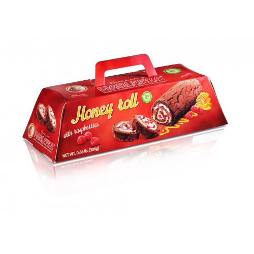 Honey roll Marlenka with cocoa and raspberries freshly-made, 300g