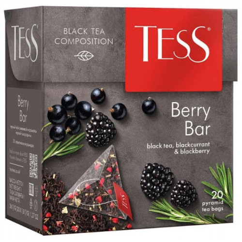 Black tea Tess "Berry Bar" flavored with rosemary, blackberry and currant leaves in 20 pyramid bags of 1.8g