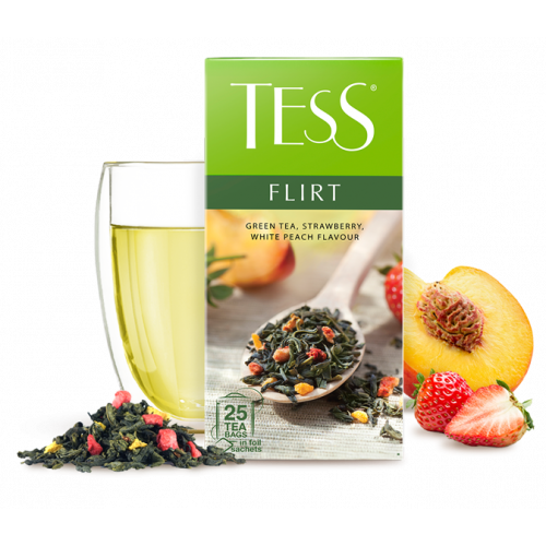 Groene thee Tess "Flirt" met aardbei en witte perzik smaak in 25 zakjes van 1,5g