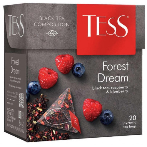Zwarte thee Tess "Forest Dream" gearomatiseerd - framboos en bosbes, met krentenbladeren, roos en hibiscus in 20 piramidezakjes van 1,8 g