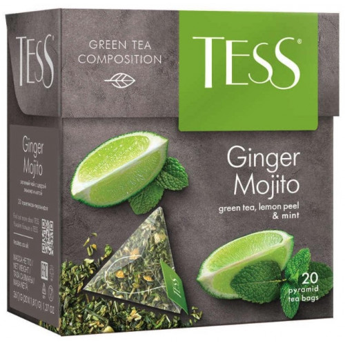 Green tea Tess "Ginger Mojito" flavored with lemon, mint and ginger in 20 pyramid bags of 1.8g